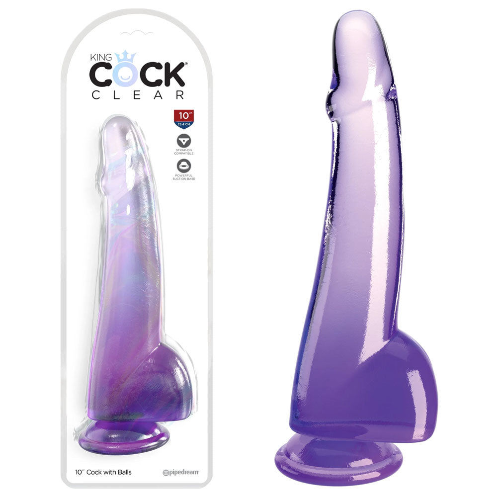 King Cock Clear 10'' Cock with Balls - Purple - Purple 25 cm Dong Pipedream
